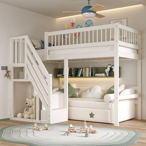 Oxtao Etagenbett 90x200, Kinderbett Hochbett mit Treppe & Aufbewahrungsschrank, Massivholz Funktionsbett Einzelbett Stockbett Spielbett Kinderhochbett Jugendhochbett mit Lattenrost (Weiß, 90x200CM)