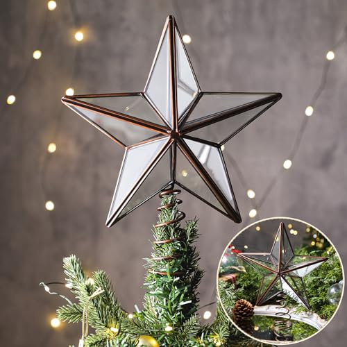 Gejoy Weihnachtsbaumspitze aus Glas, Stern, Miniatur-Stern, Baumkrone, Ornament für Baum, Zuhause, Bauernhaus, Urlaub, Party-Dekorationen (Messing, Vintage)