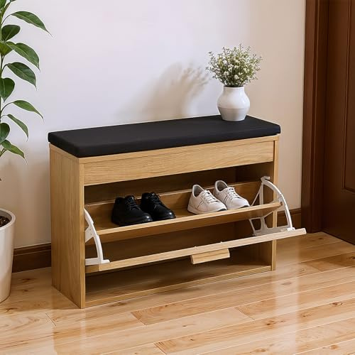 Warmiehomy Shoe Storage Bench with Cushion, Shoe Bench with Flip Drawer and Padded Seat, Shoe Cabinet Storage Bench for Hallway, Entryway W74 x D24 x H51cm,Wood