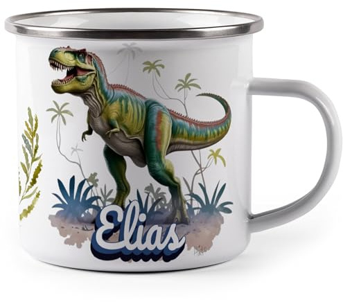 miKalino Emaille Tasse Dinosaurier brüllender T-Rex personalisiert mit Namen Kinder Becher mit Motiv – Emaille Becher für Jungen & Mädchen – Camping Tasse leicht & robust Geschenkidee Kindertasse