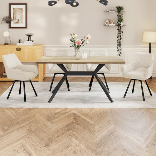 WAFTING Esstisch mit 4 Stühlen,Essgruppe,Heller Platte,Polsterstuhl Beige | Esstisch Holz 140x80x76,Esszimmerstuhl Drehbar 360°mit Armlehne,Tischset Für Küche, Wohnzimmer, Esszimmer