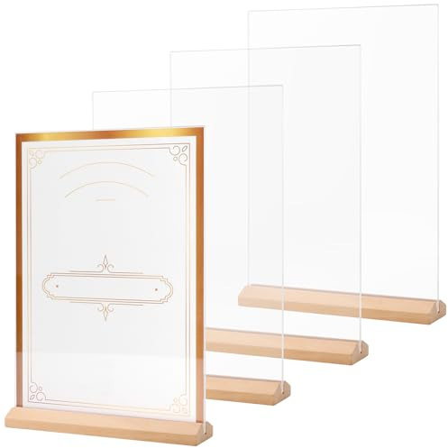 CHEUKYIU Lot de 4 présentoirs de table DIN A4 en acrylique avec socle en bois, étiquettes de prix A4 pour bureau, restaurant et exposition