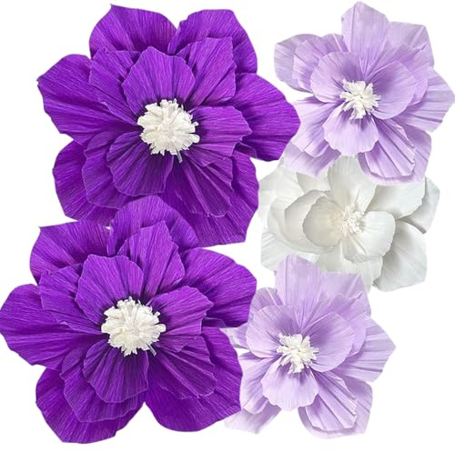 5 Stück Papierblumen Deko, Geburtstags Dekoration, Krepppapier Blumen, Papierblumen zum Aufhängen, Party Dekoration, Lila, Hellviolett, Weiß, Mädchenpartys, Hochzeitsfeiern, Babypartys