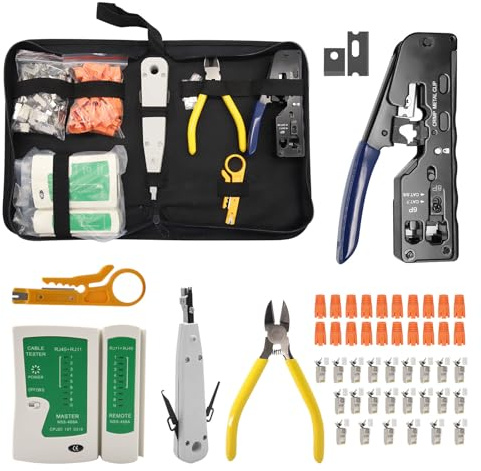 Kit d'outils réseau, pince à sertir RJ45 avec 20 fiches RJ45 Cat7/Cat6a Pass-Through, testeur réseau, outil de pose LSA, pince à dénuder, outil de réparation professionnel RJ45/RJ11/RJ12