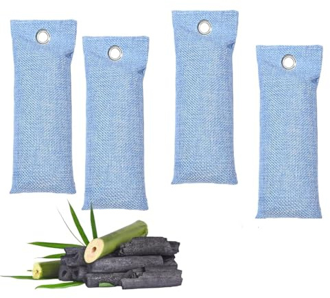 Paquete de 4 Bolsas de Carbón Activado de Bambú (75g cada una)|Purificador de Aire Natural, Absorbente de Olores y Humedad|Desodorante Reutilizable para Zapatos, Armario,Coche,Cocina,Nevera y Hogar