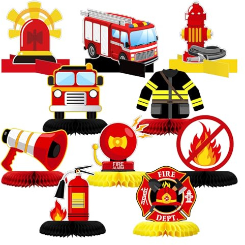 Bubaxuce 10 Stück Feuerwehr Geburtstagsfeier Dekorationen Feuerwehr Themen Tischbedarf Feuerwehr Honigwaben Tischdekorationen Feuerwehr Teller Feuerwehrmann Hut