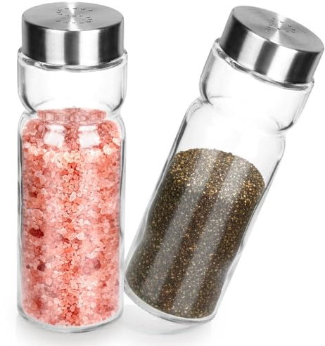 Vilde Salière et poivrière en verre avec couvercle en métal 170 ml x 2 – Salière à épices pour table et cuisine – Design classique pour doser le sel et le poivre