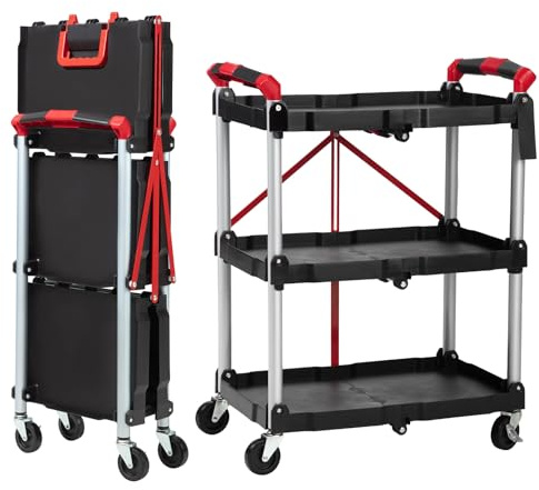 Garvee Chariot de Service Pliable 3 Niveaux – Structure métallique Robuste, capacité 75kg, roulettes avec poignées, rainures à Outils – Idéal Bureau, Cuisine, Restauration – Italie