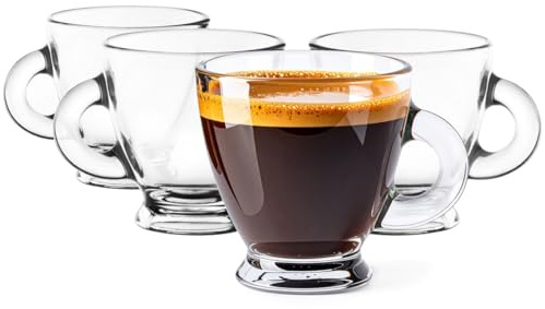 Glasmark KROSNO 1992 Roma Espresso Glasses, Set of 4, 85 ml, Small Cups with Handle, Dishwasher-Safe Glass Espresso Cups for Catering and Household