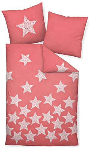 Janine Davos 65018-01 Parure de lit en flanelle fine avec draps, housse de couette 135 x 200 cm et taie d'oreiller 80 x 80 cm Motif étoiles Corail