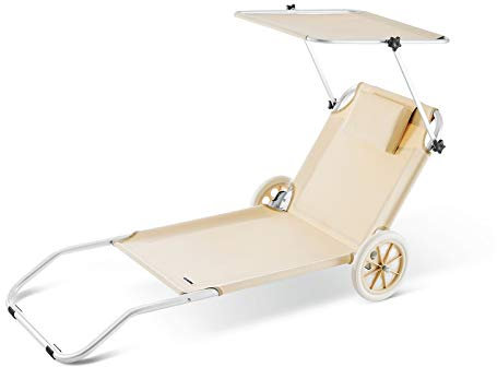 Casaria® Sonnenliege Klappbar mit Dach Strandliege mit Rollen Tasche Outdoor Klappliege Liegestuhl Abnehmbarer Sonnenschutz Liegestuhl 115kg Beige