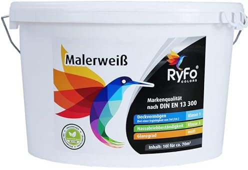 RyFo Colors Malerweiß 10l (Größe wählbar) - Wandfarbe weiß, hohe Deckkraft, Premium-Innen-Farbe, airless verarbeitbar, Deckkraft Klasse 1