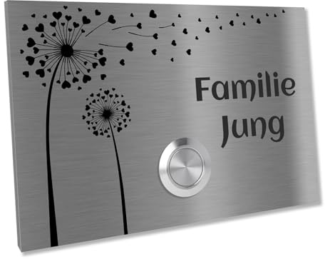 Jung-Edelstahl-Design Türklingel | Klingelschild Motiv Pusteblume. Klingelplatte 12x8 cm.| Haustürklingel V2A Edelstahl LED Taster (ohne LED)