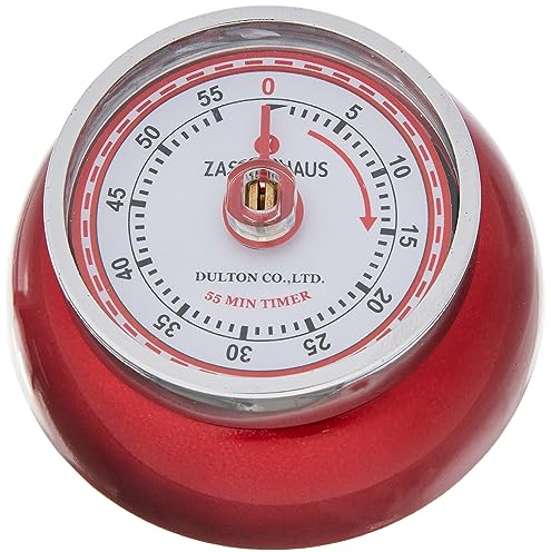 Zassenhaus Speed Küchentimer aus Metall in der Farbe Rot, Maße: 7cm x 7cm x 3cm, 071849 | Eieruhren-Klassiker im Retro-Look, lackiertes Metall, praktischer Küchenmagnet, mechanische 55-Minuten-Skala
