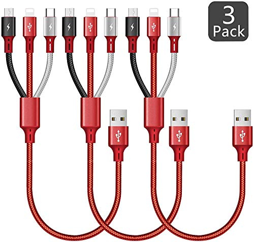 ASICEN Kurzes USB Ladekabel 3 in 1, 35CM Multi USB Kabel,3Stück | Mehrfach Ladekabel Universal Schnellladekabel mit IP/Micro USB/Typ C für iPhone/Tablets/Samsung Galaxy/LG/Pixel/Sony