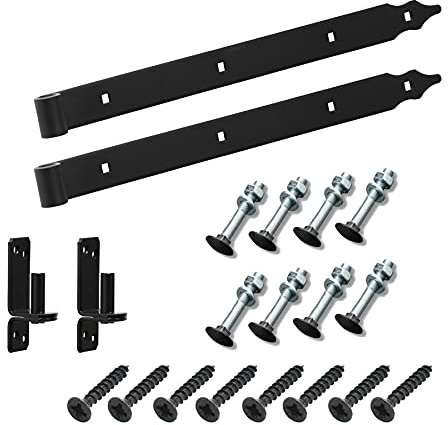 BRESKO Ladenband mit Kloben und Schrauben 2er Set schwarz Torband Tor Scharnier Ladenbänder Haken Türband Klobenhalter Kreuzgehänge Ladenbänder für Gartentor Türscharniere (2er Set - 400x35mm - Ø13mm)