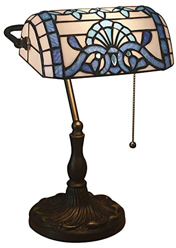 BOTOWI Tiffany Style Barock Bankers Lampe Blau & Grün Glasmalerei Tischlampe Europäische Vintage Nachttischlampen zum Lesen Schlafzimmer Nachttisch Cafe Bar,Blau