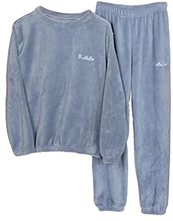 shownicer Herren Pyjama Lang Schlafanzug Set Winter Fleece Zweiteiliger und Schlafhose Set Weich Flanell Nachtwäsche Loungewear Teenager Jungen Blau L