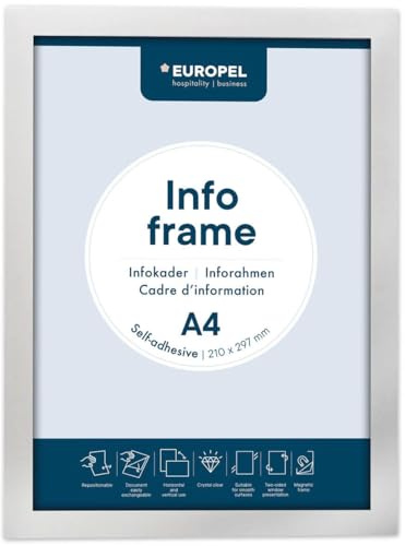 Europel Cornice informativa magnetica autoadesiva in PVC, A4 argento, set da 2, facilmente rimovibile grazie al magnete, bifacciale, formato verticale o orizzontale, 23,8 x 17,6 cm