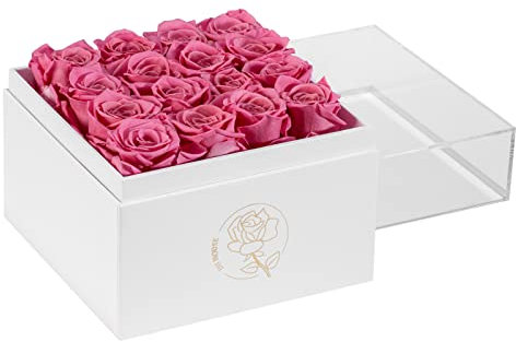 DuHouse Forever Rose in Acryl-Box, konservierte Blumen, die 4 Jahre halten, Geschenke für sie, Erntedankfest, Weihnachten, Valentinstag, Jahrestag, Geburtstag, Rosa, 16 Stück