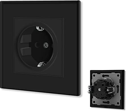 BSEED Schuko Steckdose 1 Fach Steckdose mit Steckklemme Kristall Glas Platte Einzel Steckdose 16Amp Einbausteckdose Unterputz Steckdose 86mm Schwarz Verlängerungssteckdosen Wandsteckdose