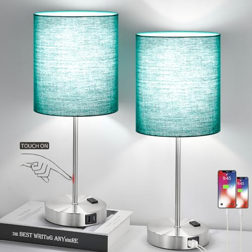 Lynnoland Green Touch Table Lamps Set of 2 with 2 USB & AC Outlet, 3-Way Dimmable Bedside Nightstand Lamps for Bedroom Lamps Living Room Nursery, 800 Lumens 5000K Daylight Bulbs Included