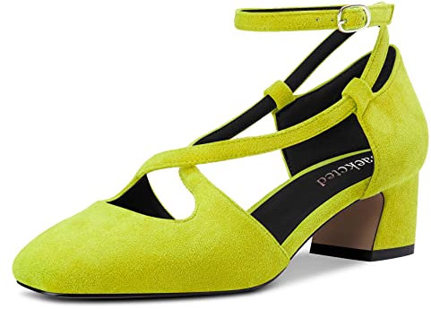 Saekcted Mujer Medio Chunky Ancho Heel Cuadrada Punta Pumps Correa Cruzada Correa Tobillo Cierre con Hebilla Fiesta Cute Zapatos Verde Lima Ante 43 EU