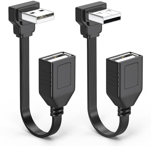 JUXINICE 2PCS USB Extension Cable Flat 90 Degree Rightangle Male to Female USB2.0 Cable Soft 20inch-50CM UP Angle+Down Angle one Each