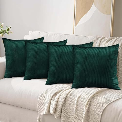 Yorkshire Bedding Pack of 4 Emerald Corduroy Cushion Covers 45 x 45cm Soft Decorative Square Throw Pillow Covers Boho for Living Room Bedroom Sofa Bed with Invisible Zipper 18x18 Inch
