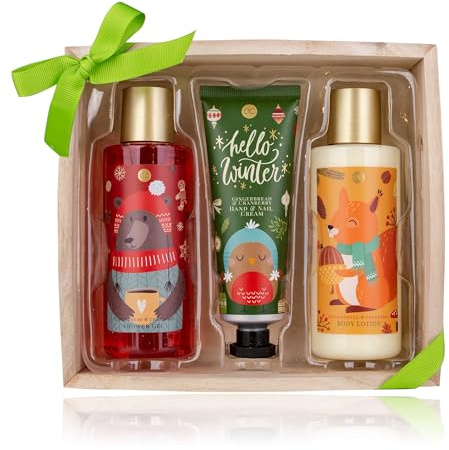 ACCENTRA Hautpflegegeschenk für Damen in Holzbox, inkl. 150ml Duschgel, 150ml Bodylotion, 60ml Hand- & Nagelcreme, Duft: Gingerbread & Cranberry - rot/grün/creme