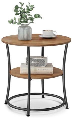 VASAGLE Beistelltisch rund, 2-stufiger Couchtisch, Stahlrahmen | Konsolentisch, für kleine Räume, Wohnzimmer, Schlafzimmer, honigbraun-mattschwarz, BAMPU Kollektion LET056B41