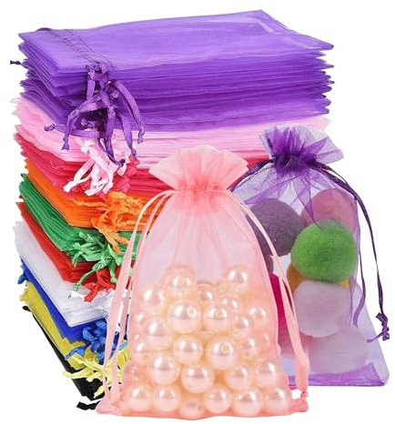 Rhimooay 100 Stück Säckchen 10x15cm, Bunte Organzasäckchen zum Befüllen, mit Kordelzug für Schmuckbeutel, Hochzeit und Festivalparty (10 Farben)