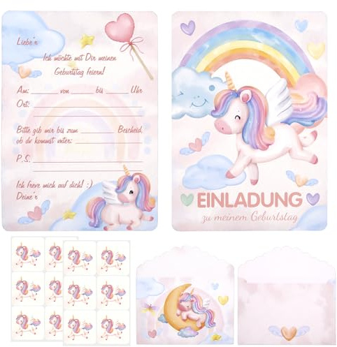 12x Unicorno Biglietti di Invito,con Buste e Adesivi,inviti compleanno bambina,biglietti invito compleanno bambina,Biglietti d'invito per bambini,inviti compleanno,per Feste per Ragazzo e ragazza