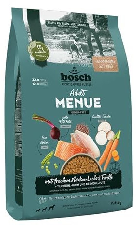 Bosch HPC MENUE Adult mit Nordsee-Lachs & Forelle getreidefrei| Hundetrockenfutter für ausgewachsene Hunde Aller Rassen | 1 x 2,4 kg