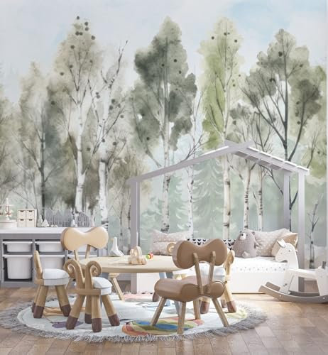 UNIK Nordic Vliestapete XXL, 300x250cm, Kindertapete im Birkenwald Design, Wohntapete mit Wald-Motiv, Fototapete für Baby- und Kinderzimmer, Mustertapete in Premium Qualität, Tapete Made in Germany