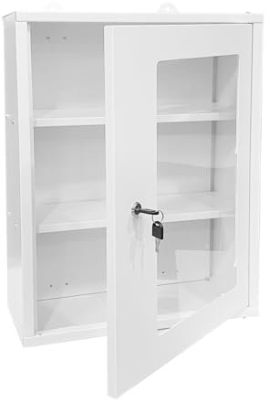 JZD Wandschrank aus Metall mit Acrylfenster, abschließbare Erste-Hilfe-Medikamentenkiste mit 2 abnehmbaren Ablagen, für Badezimmer, Küche, Büro, Weiß