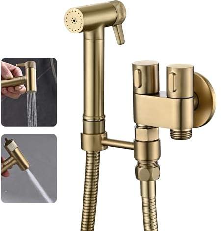 WRKMH Bidet Handbrause Gebürstetes Gold 2 Funktionen Handbrause Toilette Messing Wandmontiert Bidet Armaturen mit 1.2m Duschschlauch, Eckventil mit Einem Einlass und Zwei Auslassen