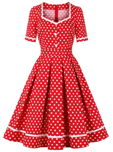 Wellwits Women's Polka Dots 1950s Vintage Cocktail Dress Romantic Red M