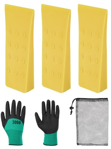QUARKZMAN Cunei da Abbattimento in Plastica 3pz Cuneo Anteriore ABS 152 mm Cuneo Spaccalegna per Legna Cuneo per Alberi Legno con Guanti con Borsa per Chiave Percussione, Giallo