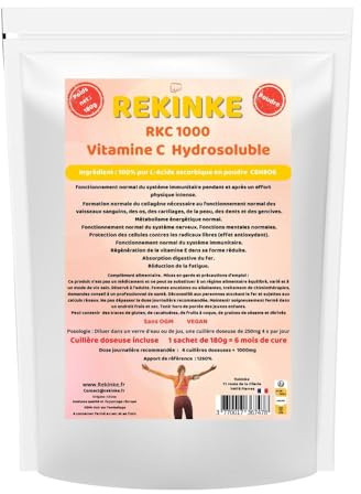RKC 1000 Vitamine C Acide L- ascorbique hydrosoluble en poudre 180g 6 mois de cure