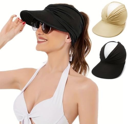 DAVBNM 2 Pcs Sun Visor Hat for Women, Wide Brim Sun Hats with UV Protection Summer Foldable Quickly Dry Top Open Beach Sport Cap for Beach Golf Hiking (Black, Beige)