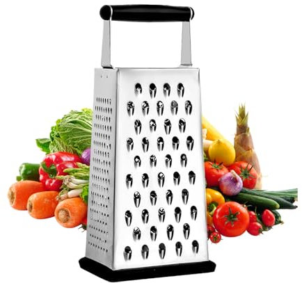 Rallador de Queso 4 Lados, Rallador Cuadrado de Acero Inoxidable, Rayadores para Cocina con Base Antideslizante y Mango Ancho, para Fruta, Verdura, Apto para Lavavajillas, Rallador Multifuncional
