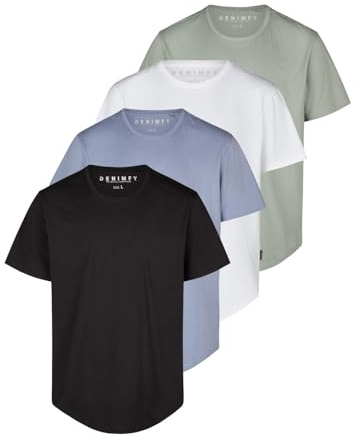 DENIMFY DFPaco - Juego de 4 camisetas de corte largo para hombre, 100% algodón, corte regular, paquete de 4 unidades, cuello redondo, manga corta, camiseta de verano, color negro, blanco, azul, gris