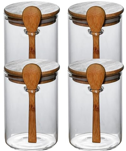 4pcs bocaux en verre avec couvercle étanche à l'air, 600 ml pot à bouche large claire avec cuillère pour l'assaisonnement d'avoine Snacks Yogourt Spice Sugar