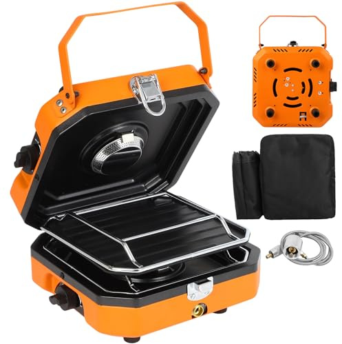 Adjustable 2-Burner Portable Stove with 16000 BTU, with Camping Grill and Carrying Bag, Portable Propane Camp Stove with 2 Burners & Piezo Ignition for Camping, Backyard BBQ,Tailgating (Orange)