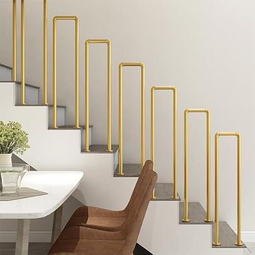 Hggdsac Handrails for Stairs, Stair Railing Transitional Handrail, Elderly Children's Support Poles, Metal Matte Gold Wrought Iron, Handrails for Outdoor Steps, Vertical Installation, 90CM