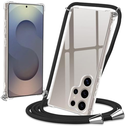 Micnkifo Handyband Hülle mit Band für Samsung Galaxy S25 Ultra, Necklace Handyhülle mit Kordel Schutzhülle für zum Umhängen, Transparent TPU Case Stoßfest Kratzfest Silikon Cover mit Kette, Schwarz