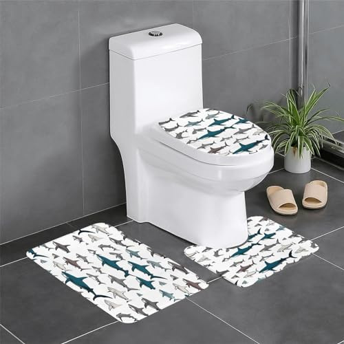 Bathroom Mat Sets 3 Piece Sharks Nautical U Shape Wc Toilet Rug Durable With Rubber Backing Toilet Mats Seat Cover, For Outdoor, Indoor, Bedroom