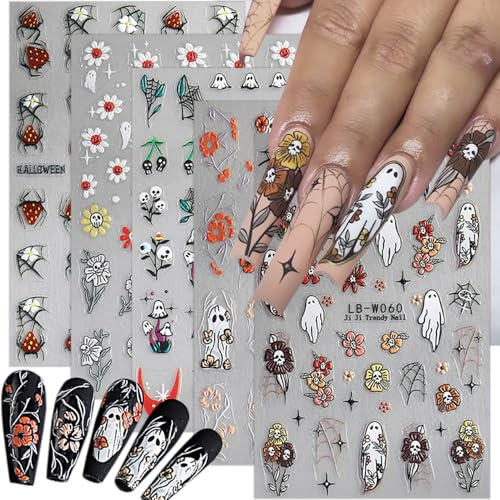 5D Relief Halloween Nagel Sticker, 5 Blätter selbstklebend, süße Gespenster, Spinnennetz, Schädel, Blumen Designs, Nageldecoration für Frauen, Feiertags Maniküre