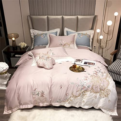 Ensemble literie Coton égyptien Couvert Couette Douce Feuille Plat + taies d'oreiller en Jeu lit Broderie Fleurs de Princesse (Couleur: Bleu, Taille: (Reine Rose 4pcs)